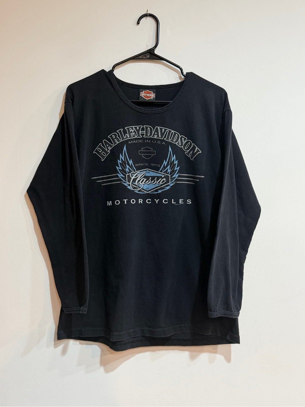 1995 Harley-Davidson Black Long Sleeve Classic Motorcycles Tee with Blue Graphic
